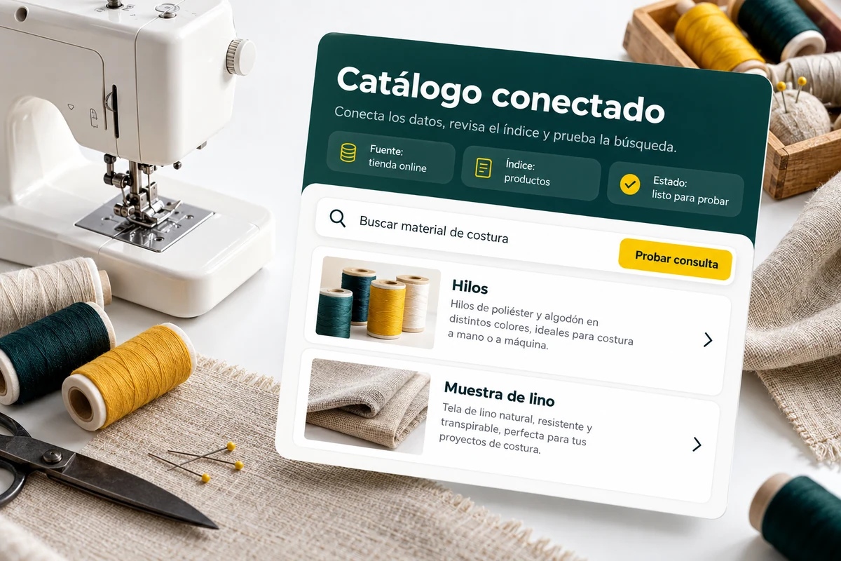 Ilustración de UBÍKALO: Catálogo conectado. Buscar material de costura. Vista de configuración para De Doofinder a UBÍKALO: cambia con un plan verificable.