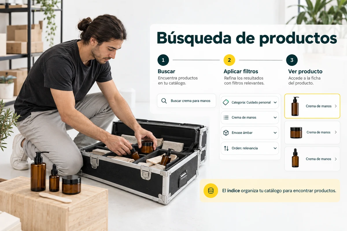 Illustration by UBÍKALO: Product Search. Find hand cream. Overview for Frequently Asked Questions about ecommerce search engines.