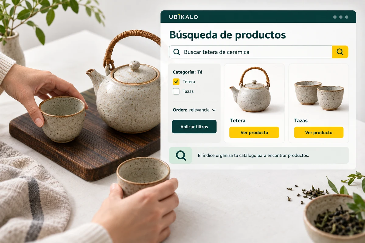 Illustration by UBÍKALO: Product Search. Search ceramic teapot. Configuration view for Frequently Asked Questions about ecommerce search engines.