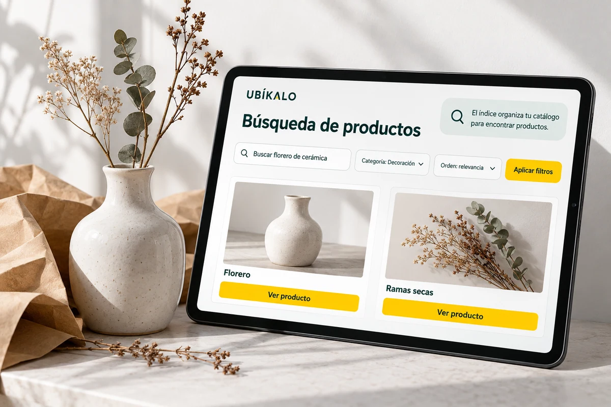 Illustration by UBÍKALO: Product Search. Search ceramic vase. Review view for Frequently Asked Questions about ecommerce search engines.