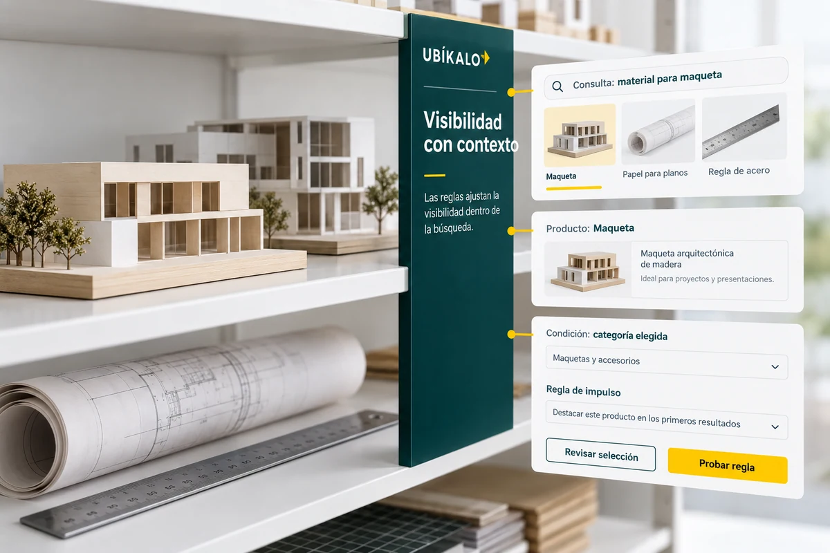 Illustration by UBÍKALO: Visibility with context. Consultation: material for model. Overview for Merchandising in your search engine: highlight what matters, where they search for it.
