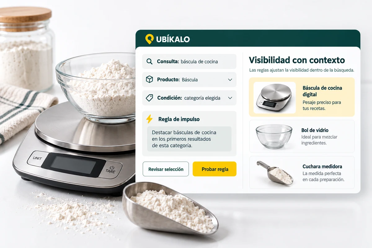 Illustration by UBÍKALO: Visibility with context. Query: kitchen scale. Configuration view for Merchandising in your search engine: highlight what matters, where they search for it.