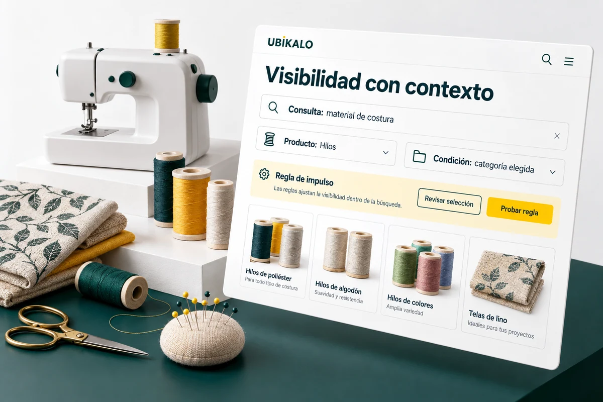 Illustration by UBÍKALO: Visibility with context. Query: sewing material. Review view for Merchandising in your search engine: highlight what matters, where they search for it.
