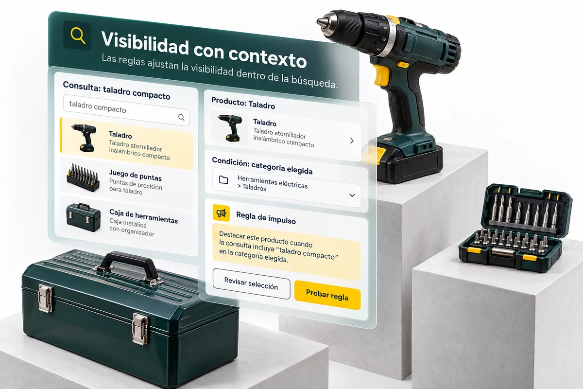 Illustration by UBÍKALO: Visibility with context. Consultation: compact drill. Exploration view for Merchandising in your search engine: highlight what matters, where they search for it.