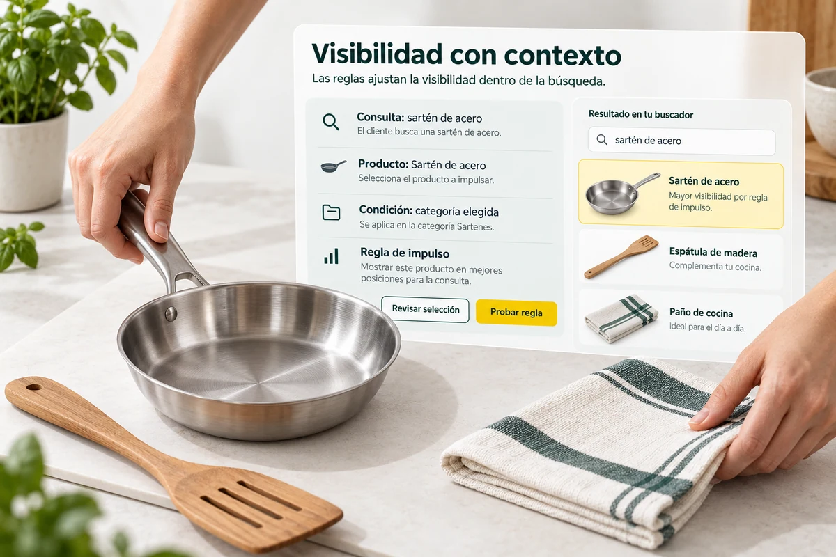 Illustration by UBÍKALO: Visibility with context. Query: steel frying pan. Complementary view for Merchandising in your search engine: highlight what matters, where they search for it.