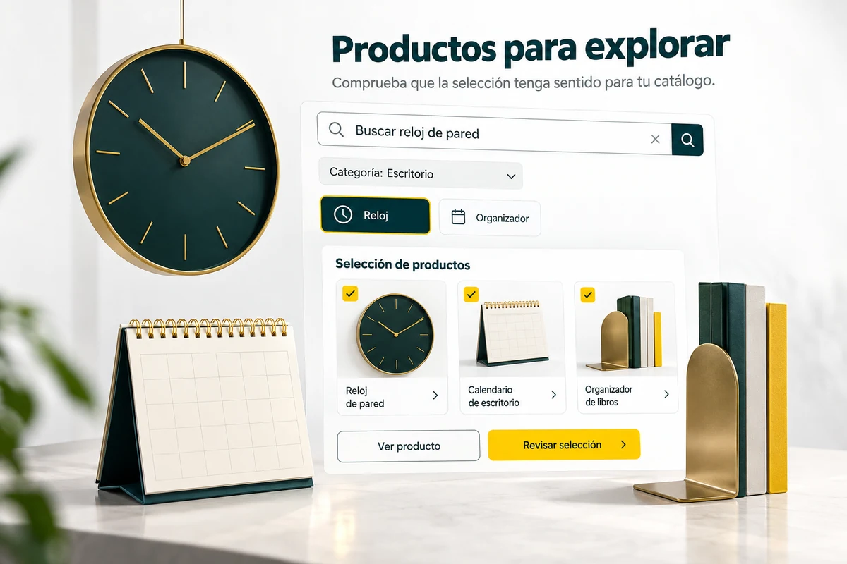 Illustration by UBÍKALO: Products to explore. Find wall clock. Settings view for More relevant options. No more noise...