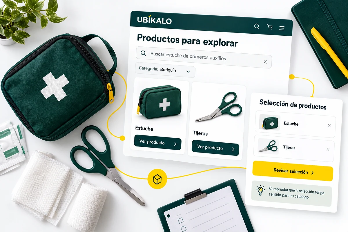 Illustration by UBÍKALO: Products to explore. Find first aid kit. Review view for More relevant options. No more noise...