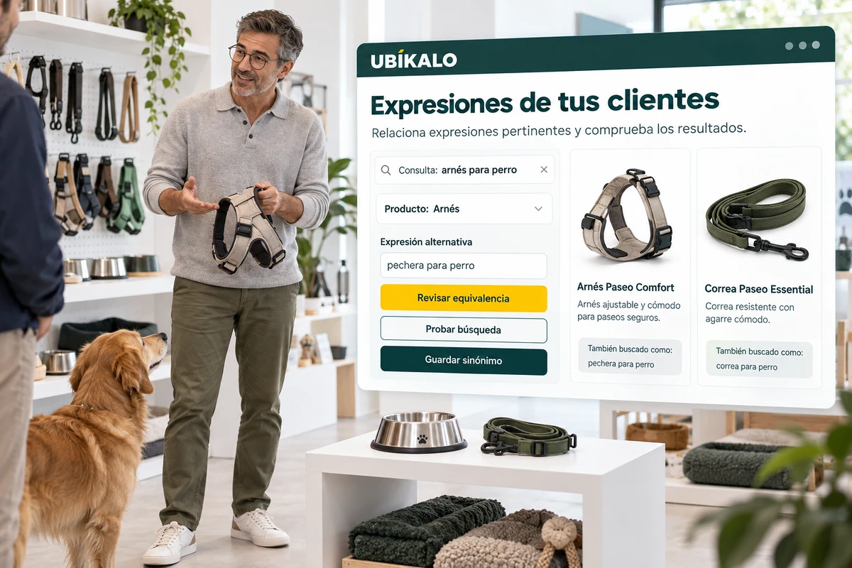 Ilustración de UBÍKALO: Expresiones de tus clientes. Consulta: arnés para perro. Vista general para Tus clientes dicen «portátil». Tu catálogo dice «laptop». Conéctalos..