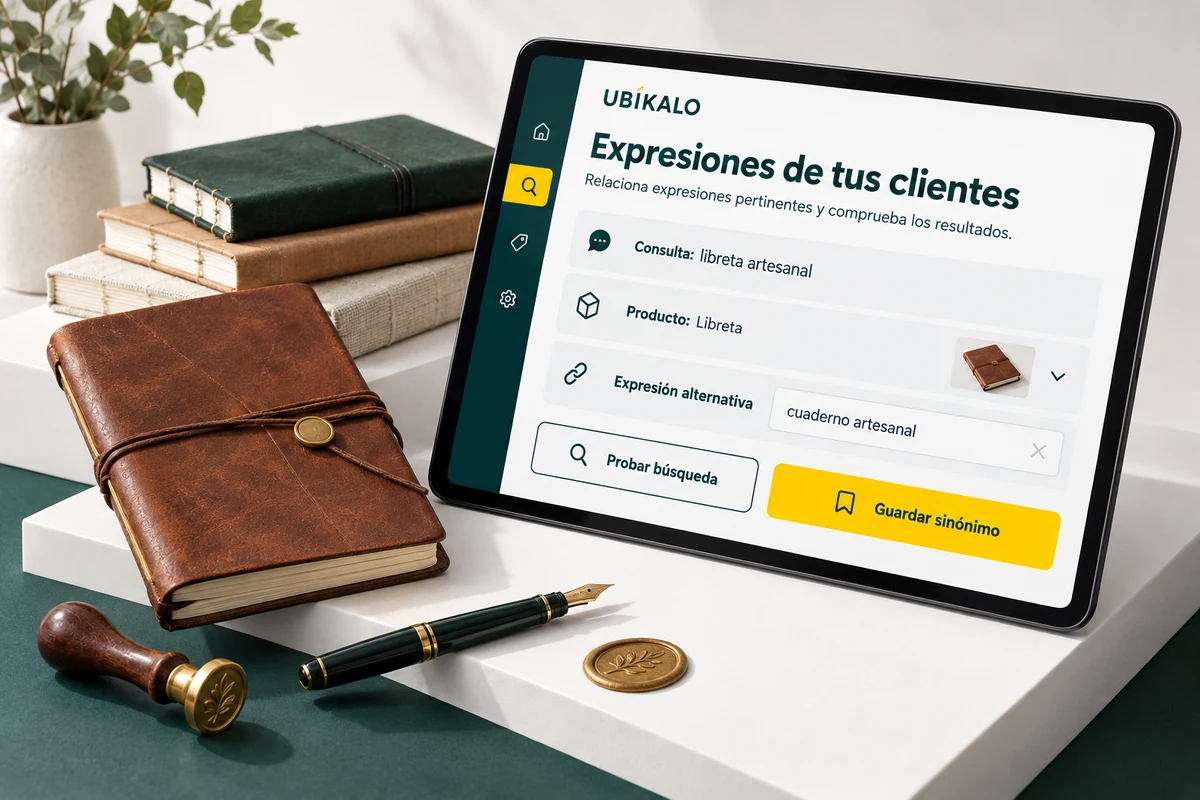 Ilustración de UBÍKALO: Expresiones de tus clientes. Consulta: libreta artesanal. Vista de configuración para Tus clientes dicen «portátil». Tu catálogo dice «laptop». Conéctalos..