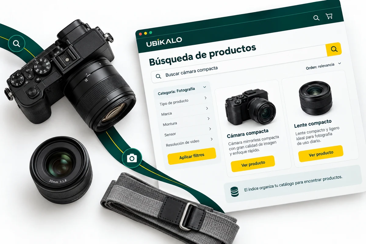 Ilustración de UBÍKALO: Búsqueda de productos. Buscar cámara compacta. Vista general para Soluciones de búsqueda para tu ecommerce..