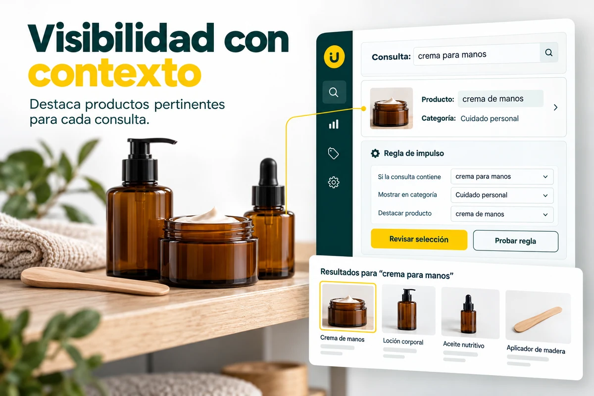 Ilustración de UBÍKALO: Visibilidad con contexto. Consulta: crema para manos. Vista de configuración para Soluciones de búsqueda para tu ecommerce..
