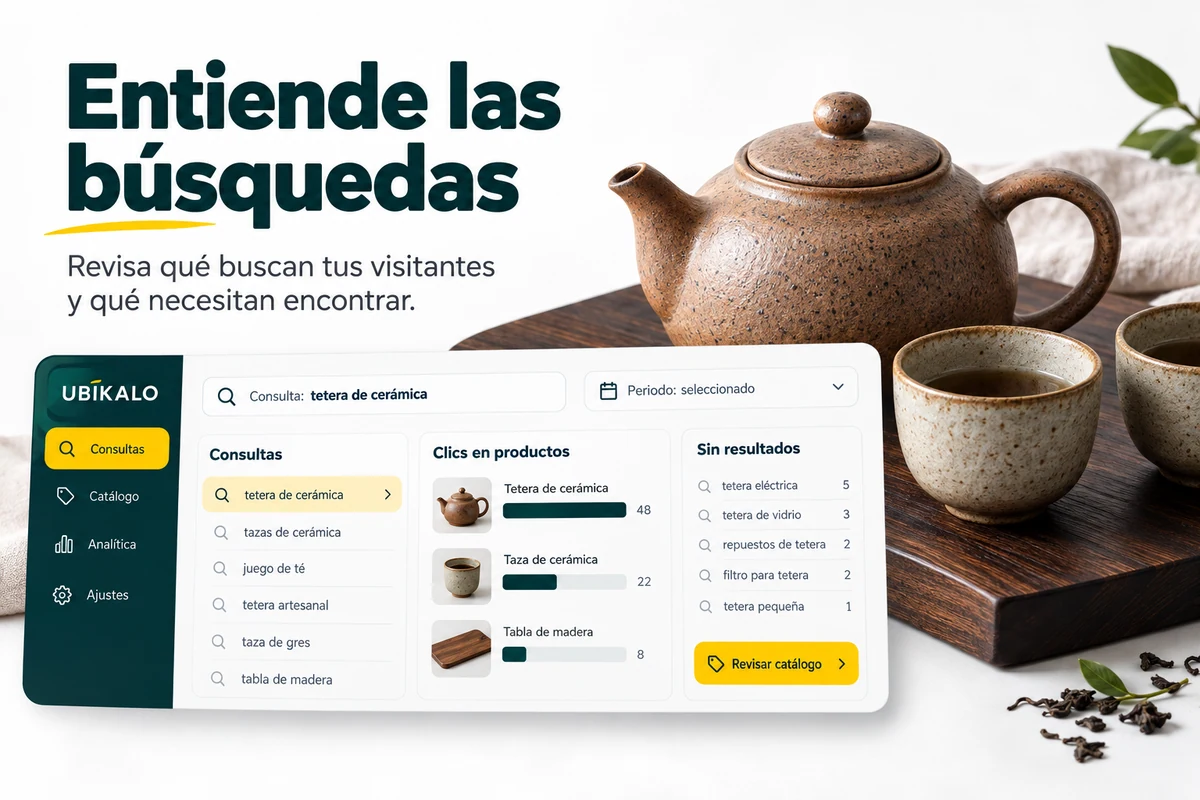 Ilustración de UBÍKALO: Entiende las búsquedas. Consulta: tetera de cerámica. Vista de revisión para Soluciones de búsqueda para tu ecommerce..