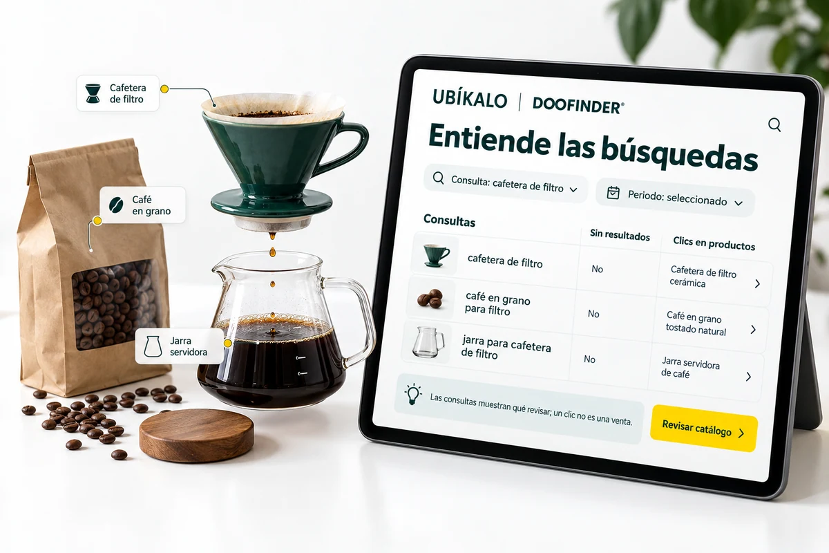 Illustration by UBÍKALO: Understand searches. Query: filter coffee maker. Configuration View for UBÍKALO and Doofinder: Turn searches into decisions.