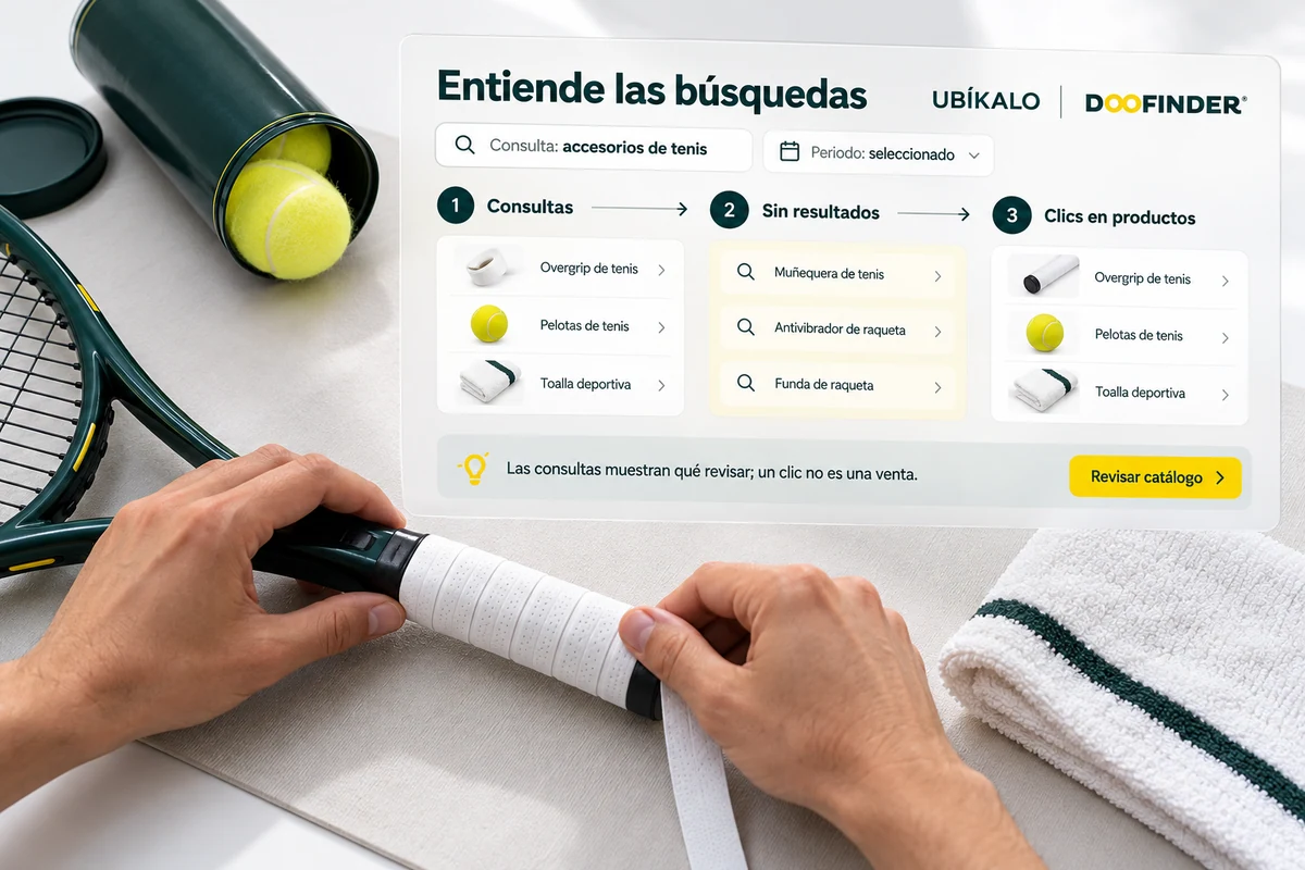 Illustration by UBÍKALO: Understand searches. Consultation: tennis accessories. Review View for UBÍKALO and Doofinder: Turn searches into decisions.