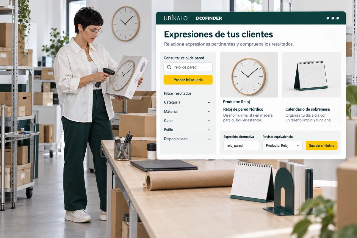 Ilustración de UBÍKALO: Expresiones de tus clientes. Consulta: reloj de pared. Vista general para UBÍKALO y Doofinder: prueba búsquedas como hablan tus clientes.