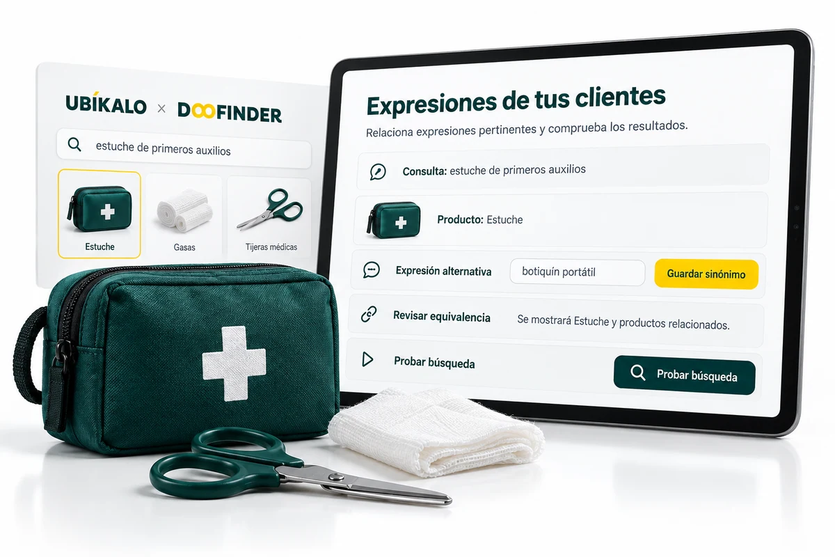 Ilustración de UBÍKALO: Expresiones de tus clientes. Consulta: estuche de primeros auxilios. Vista de configuración para UBÍKALO y Doofinder: prueba búsquedas como hablan tus clientes.