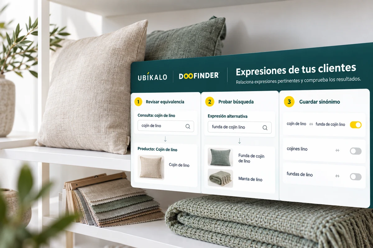 Ilustración de UBÍKALO: Expresiones de tus clientes. Consulta: cojín de lino. Vista de revisión para UBÍKALO y Doofinder: prueba búsquedas como hablan tus clientes.