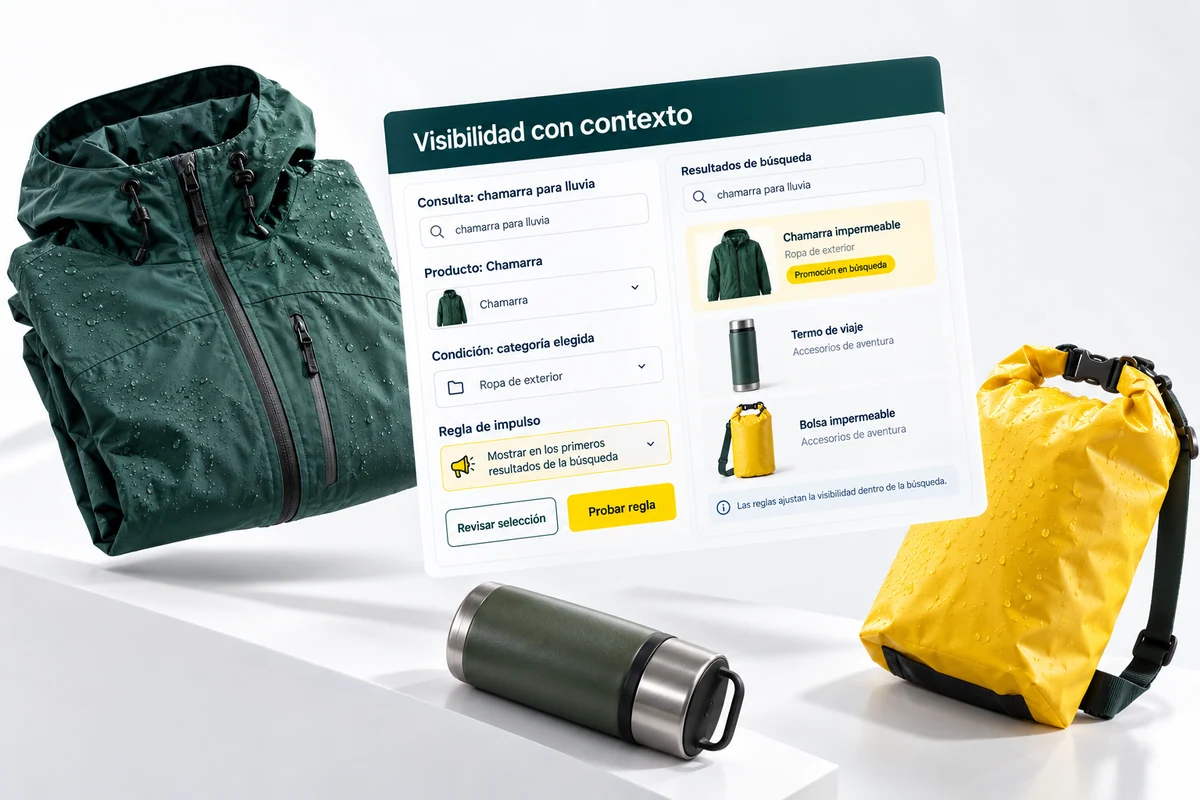 Ilustración de UBÍKALO: Visibilidad con contexto. Consulta: chamarra para lluvia. Vista general para UBÍKALO frente a Doofinder: promociones dentro del buscador.