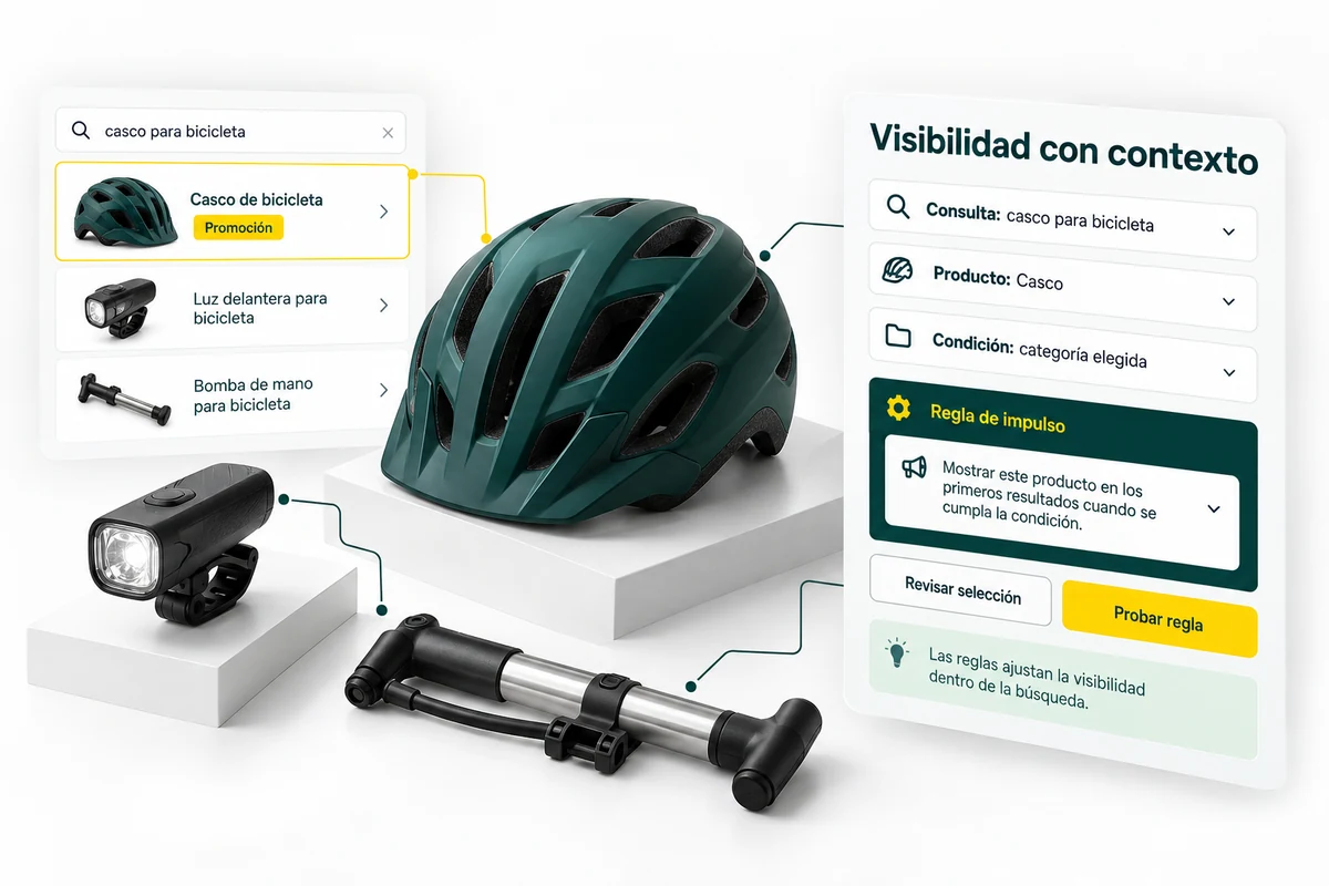Ilustración de UBÍKALO: Visibilidad con contexto. Consulta: casco para bicicleta. Vista de revisión para UBÍKALO frente a Doofinder: promociones dentro del buscador.
