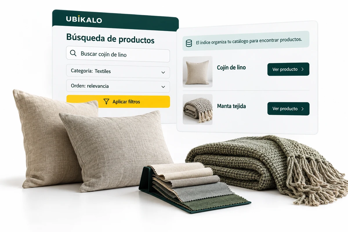 Ilustración de UBÍKALO: Búsqueda de productos. Buscar cojín de lino. Vista general para ¿UBÍKALO hace lo mismo que Doofinder? Función por función.