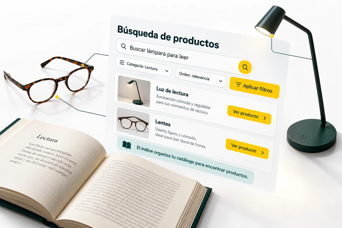 Ilustración de UBÍKALO: Búsqueda de productos. Buscar lámpara para leer. Vista de configuración para ¿UBÍKALO hace lo mismo que Doofinder? Función por función.