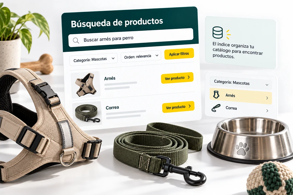 Ilustración de UBÍKALO: Búsqueda de productos. Buscar arnés para perro. Vista de revisión para ¿UBÍKALO hace lo mismo que Doofinder? Función por función.