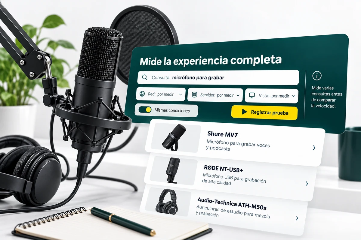 Ilustración de UBÍKALO: Mide la experiencia completa. Consulta: micrófono para grabar. Vista de configuración para ¿UBÍKALO es más rápido que Doofinder? Cómo medirlo.