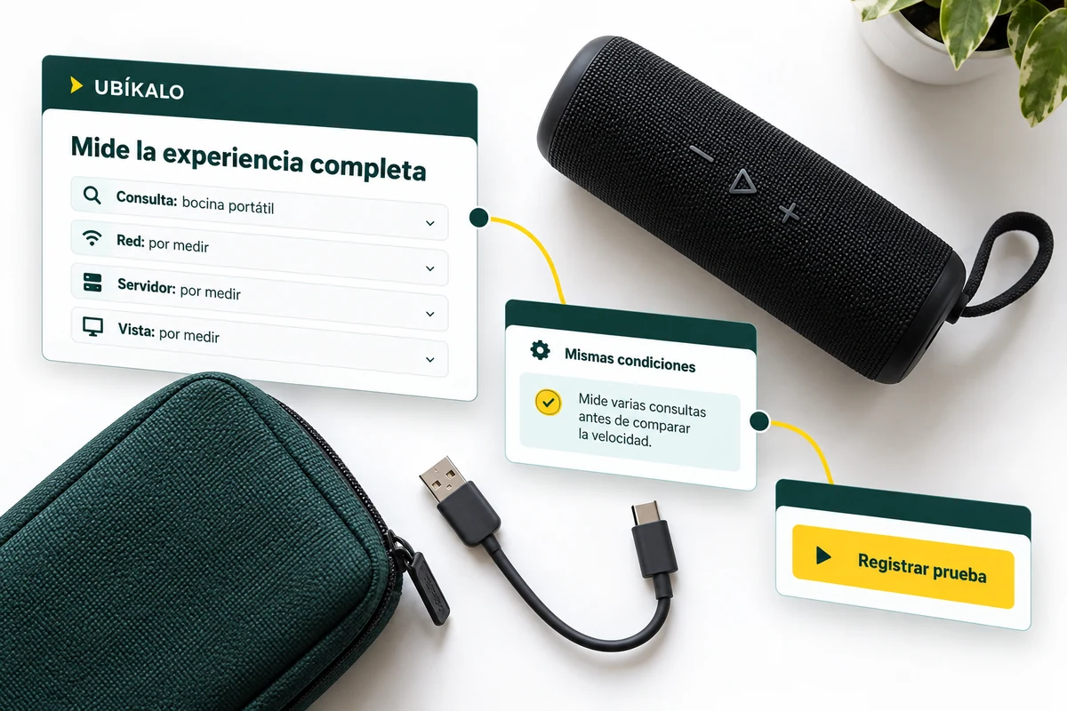 Ilustración de UBÍKALO: Mide la experiencia completa. Consulta: bocina portátil. Vista de revisión para ¿UBÍKALO es más rápido que Doofinder? Cómo medirlo.