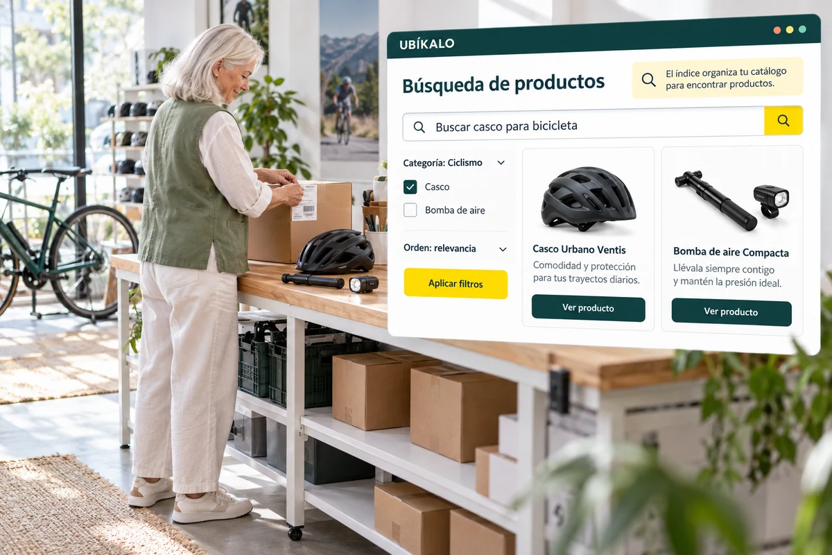 Ilustración de UBÍKALO: Búsqueda de productos. Buscar casco para bicicleta. Vista general para ¿UBÍKALO es mejor que Doofinder para tu tienda?.