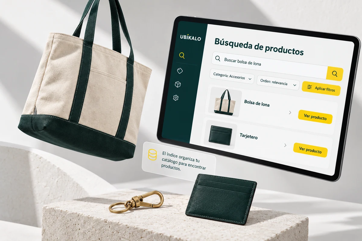 Ilustración de UBÍKALO: Búsqueda de productos. Buscar bolsa de lona. Vista de configuración para ¿UBÍKALO es mejor que Doofinder para tu tienda?.