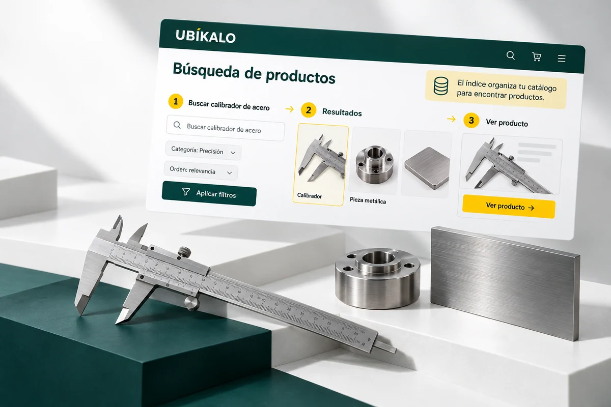 Ilustración de UBÍKALO: Búsqueda de productos. Buscar calibrador de acero. Vista de revisión para ¿UBÍKALO es mejor que Doofinder para tu tienda?.