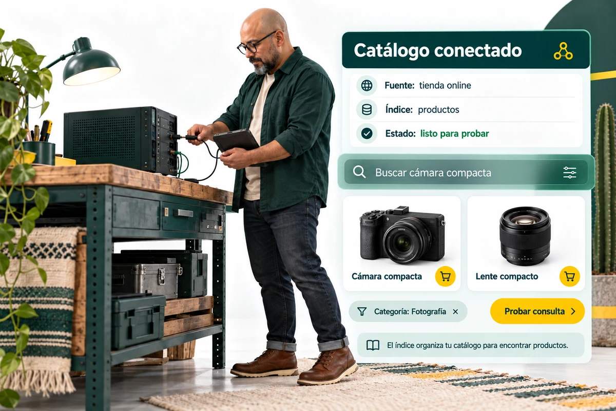 Ilustración de UBÍKALO: Catálogo conectado. Buscar cámara compacta. Vista general para UBÍKALO vs Algolia: tu catálogo, tu equipo, tu decisión.