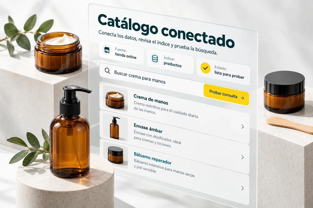 Ilustración de UBÍKALO: Catálogo conectado. Buscar crema para manos. Vista de configuración para UBÍKALO vs Algolia: tu catálogo, tu equipo, tu decisión.