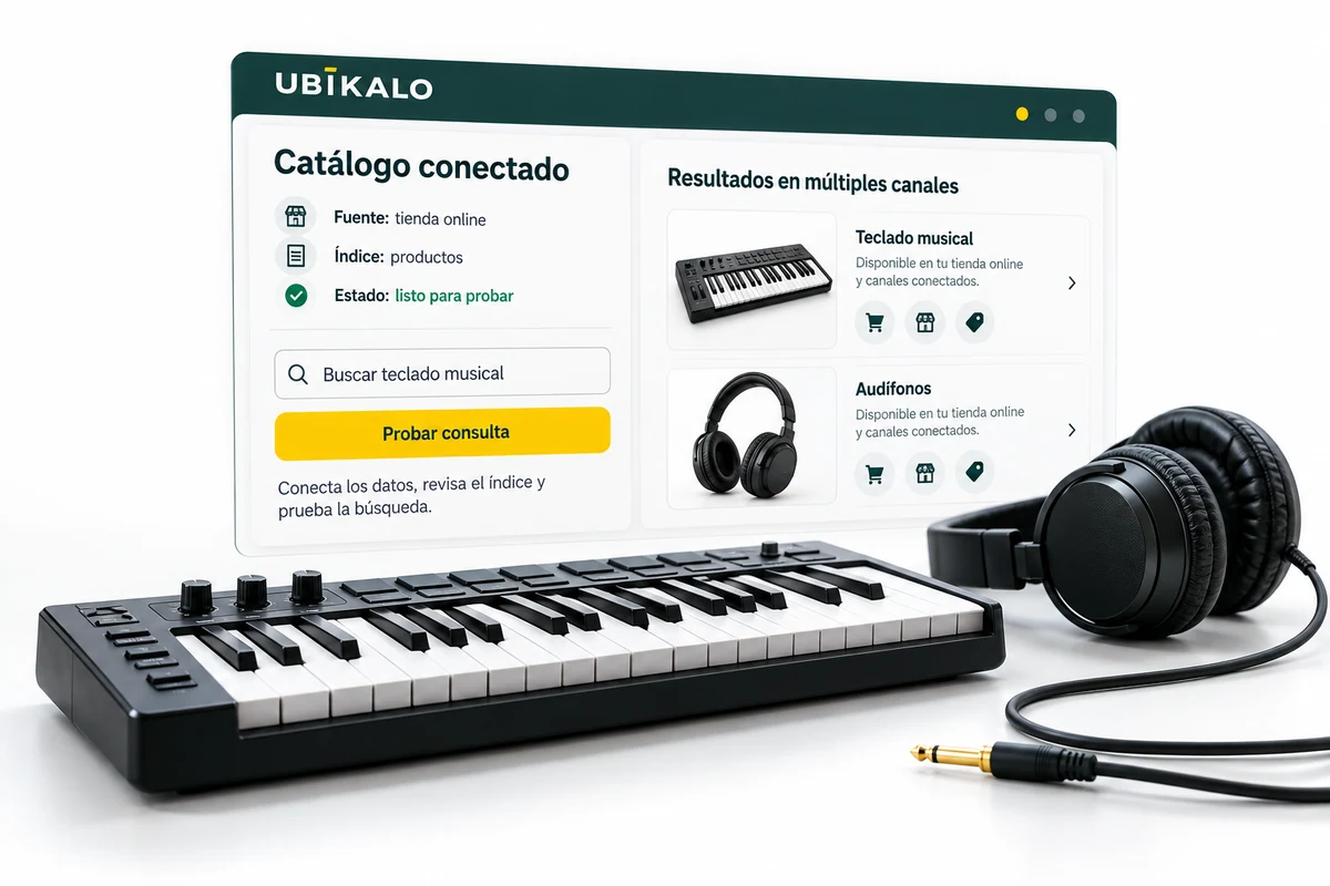 Ilustración de UBÍKALO: Catálogo conectado. Buscar teclado musical. Vista general para UBÍKALO vs Athos Commerce: búsqueda y alcance multicanal.