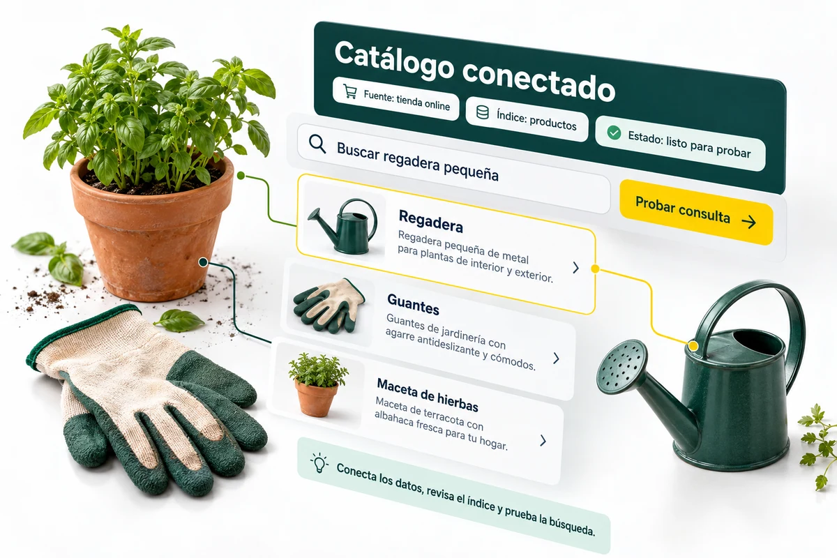 Ilustración de UBÍKALO: Catálogo conectado. Buscar regadera pequeña. Vista de configuración para UBÍKALO vs Athos Commerce: búsqueda y alcance multicanal.