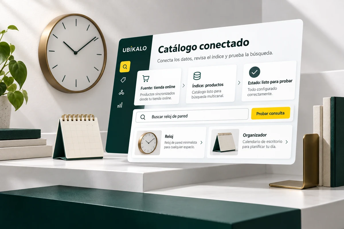 Ilustración de UBÍKALO: Catálogo conectado. Buscar reloj de pared. Vista de revisión para UBÍKALO vs Athos Commerce: búsqueda y alcance multicanal.