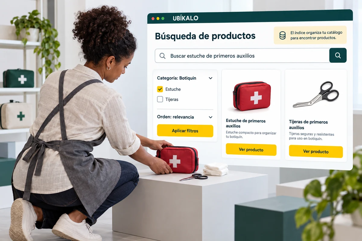 Ilustración de UBÍKALO: Búsqueda de productos. Buscar estuche de primeros auxilios. Vista general para UBÍKALO vs Bloomreach: catálogo, merchandising e integración.