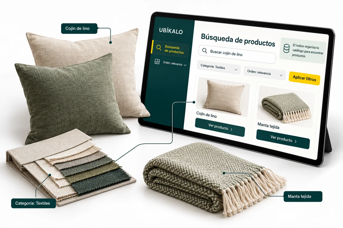 Ilustración de UBÍKALO: Búsqueda de productos. Buscar cojín de lino. Vista de configuración para UBÍKALO vs Bloomreach: catálogo, merchandising e integración.