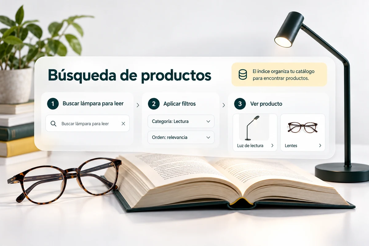 Ilustración de UBÍKALO: Búsqueda de productos. Buscar lámpara para leer. Vista de revisión para UBÍKALO vs Bloomreach: catálogo, merchandising e integración.