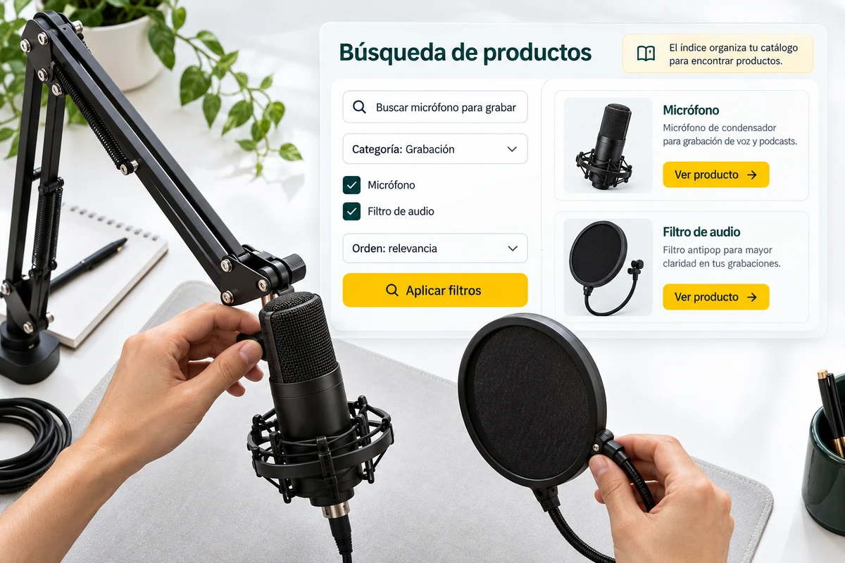 Ilustración de UBÍKALO: Búsqueda de productos. Buscar micrófono para grabar. Vista general para UBÍKALO vs Boost Commerce: primero valida tu plataforma.