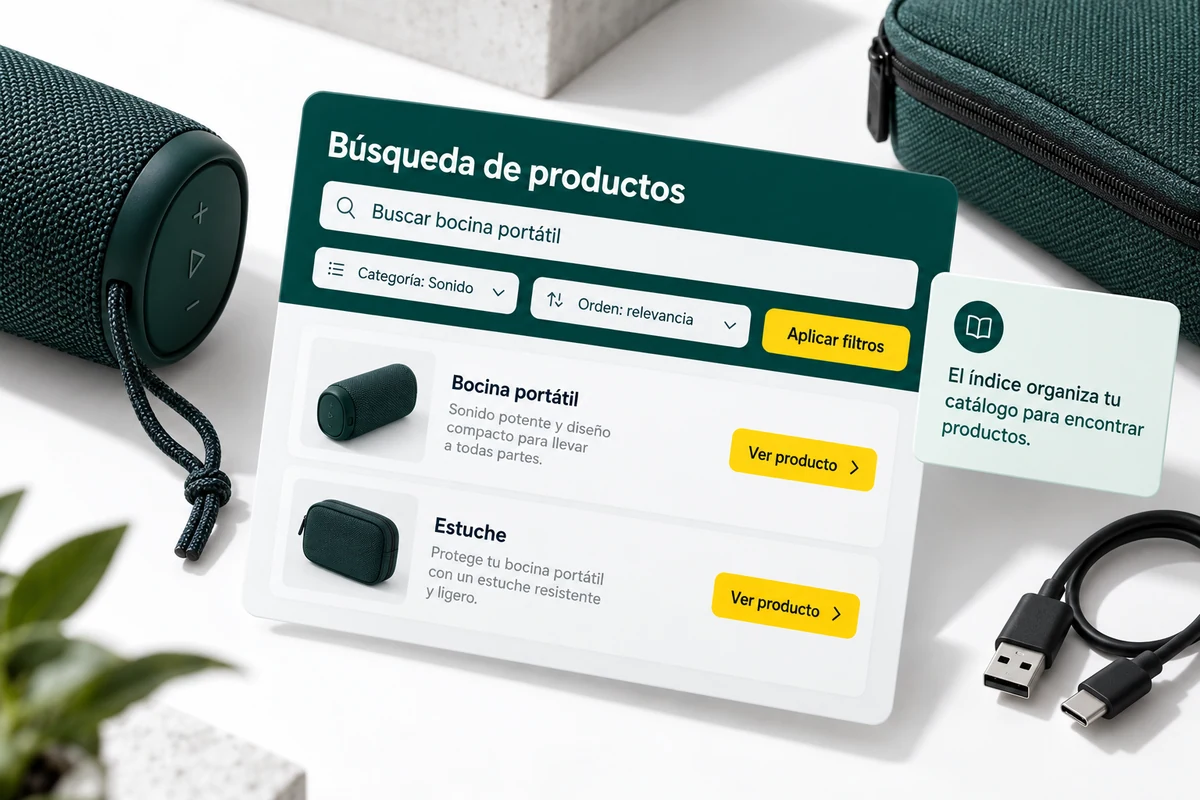 Ilustración de UBÍKALO: Búsqueda de productos. Buscar bocina portátil. Vista de configuración para UBÍKALO vs Boost Commerce: primero valida tu plataforma.