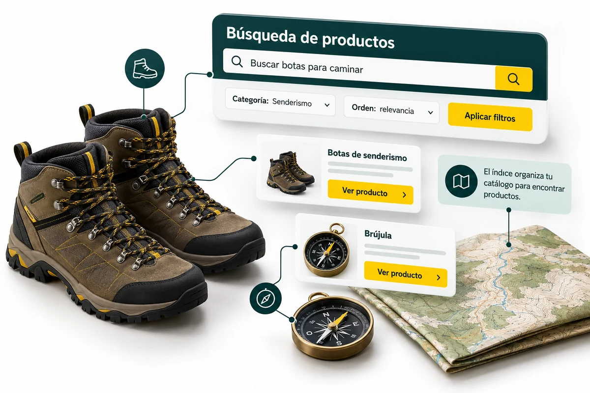 Ilustración de UBÍKALO: Búsqueda de productos. Buscar botas para caminar. Vista de revisión para UBÍKALO vs Boost Commerce: primero valida tu plataforma.