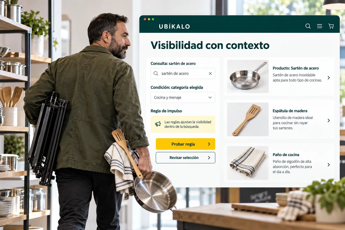 Ilustración de UBÍKALO: Visibilidad con contexto. Consulta: sartén de acero. Vista general para UBÍKALO vs Clerk.io: búsqueda de productos sin confundir módulos.