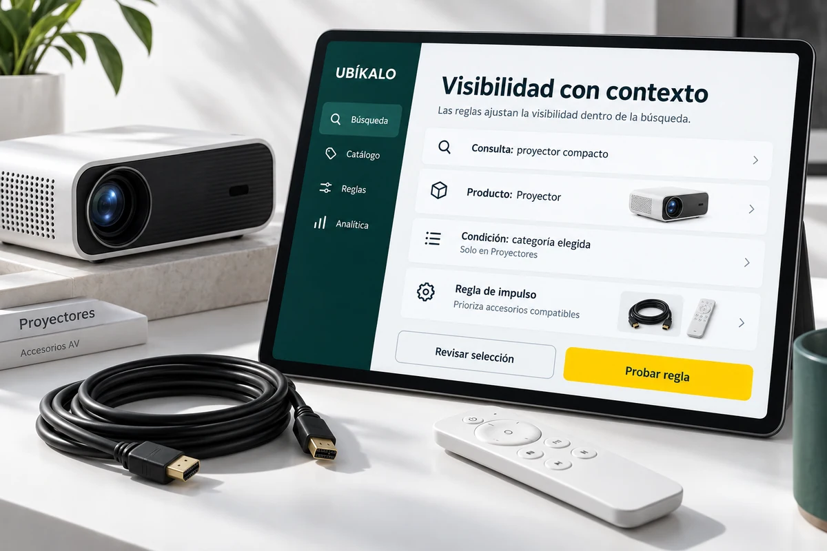 Ilustración de UBÍKALO: Visibilidad con contexto. Consulta: proyector compacto. Vista de configuración para UBÍKALO vs Clerk.io: búsqueda de productos sin confundir módulos.