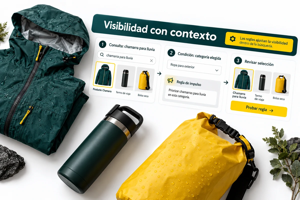 Ilustración de UBÍKALO: Visibilidad con contexto. Consulta: chamarra para lluvia. Vista de revisión para UBÍKALO vs Clerk.io: búsqueda de productos sin confundir módulos.