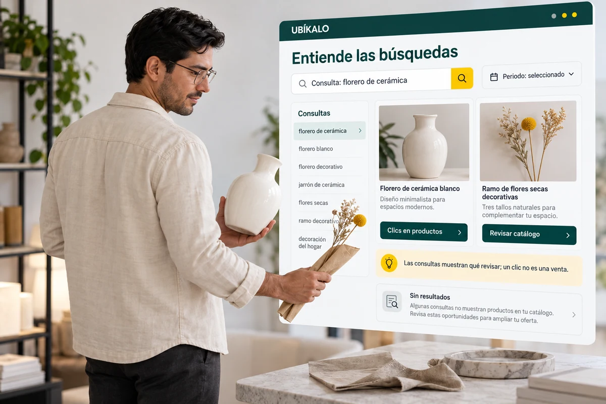 Ilustración de UBÍKALO: Entiende las búsquedas. Consulta: florero de cerámica. Vista general para UBÍKALO vs Constructor: relevancia, datos y prueba real.