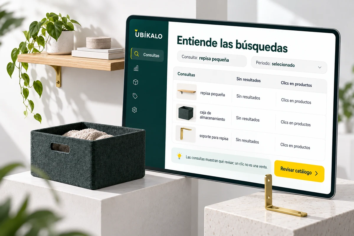 Ilustración de UBÍKALO: Entiende las búsquedas. Consulta: repisa pequeña. Vista de configuración para UBÍKALO vs Constructor: relevancia, datos y prueba real.