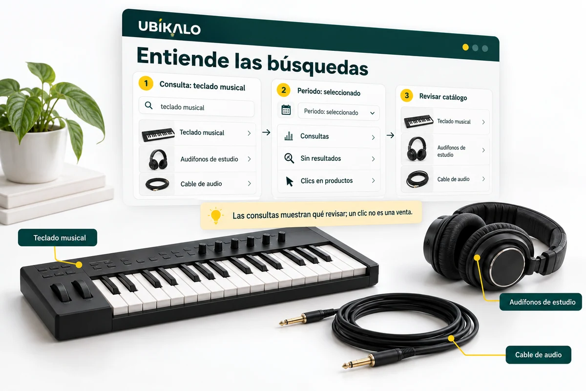 Ilustración de UBÍKALO: Entiende las búsquedas. Consulta: teclado musical. Vista de revisión para UBÍKALO vs Constructor: relevancia, datos y prueba real.