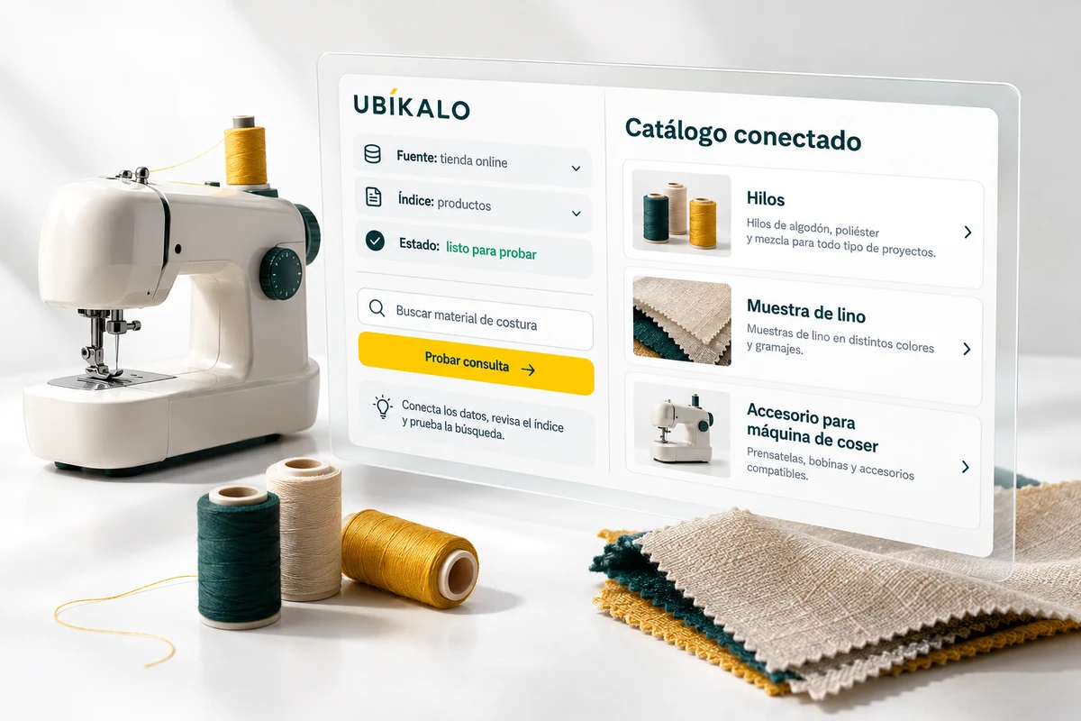 Ilustración de UBÍKALO: Catálogo conectado. Buscar material de costura. Vista general para UBÍKALO vs Coveo: delimita tu proyecto de búsqueda.