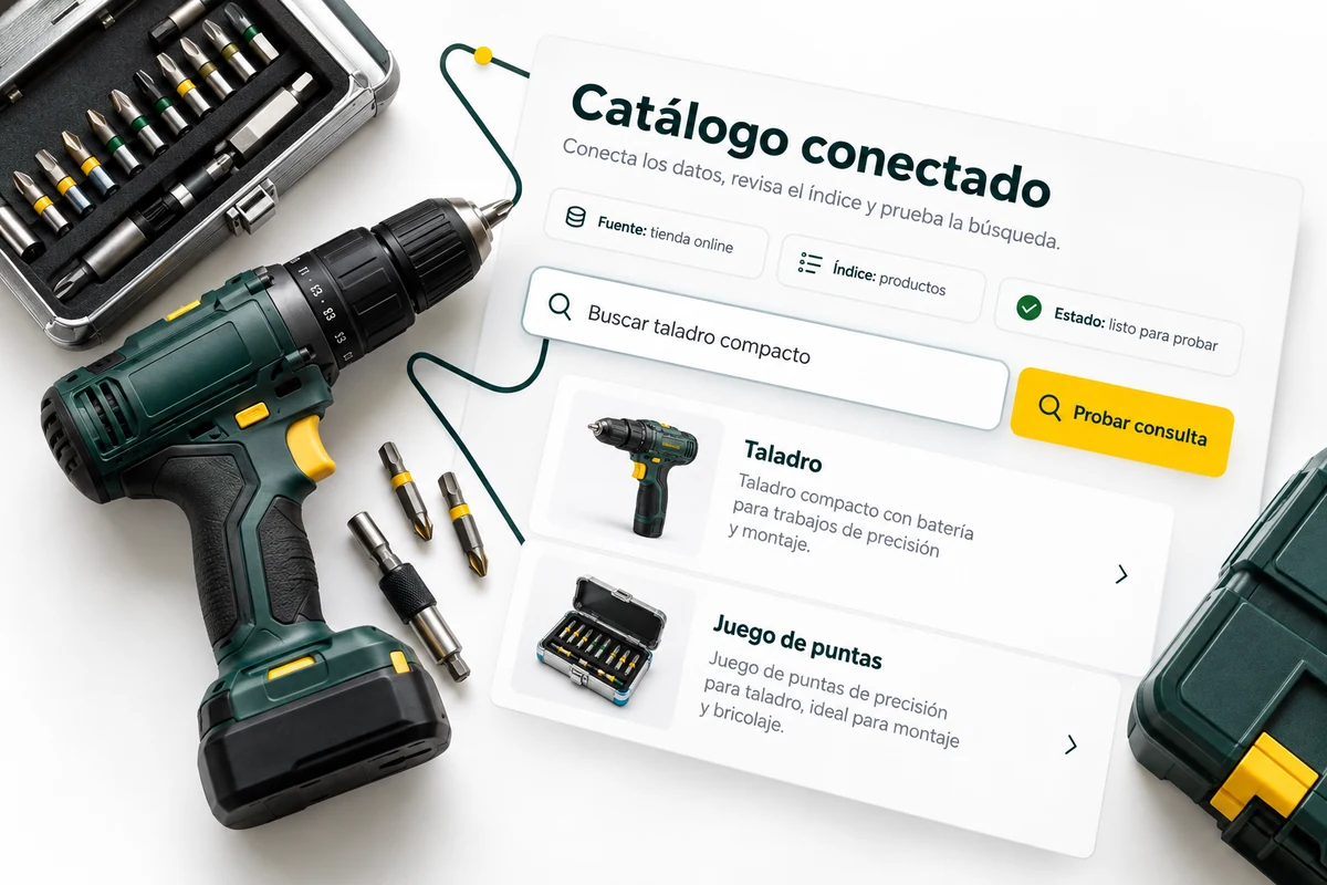 Ilustración de UBÍKALO: Catálogo conectado. Buscar taladro compacto. Vista de configuración para UBÍKALO vs Coveo: delimita tu proyecto de búsqueda.